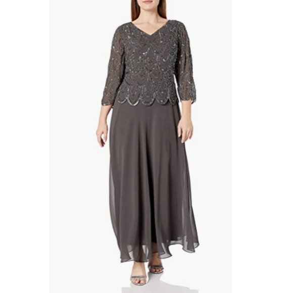 J Kara Women's Plus Size 3/4 Sleeve with Scallop Beaded Pop Over Gown - Picture 1 of 4